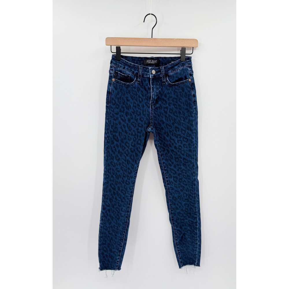 Judy Blue Skinny Fit Stretch Jeans Leopard Print Raw Hem Denim Size 1/25